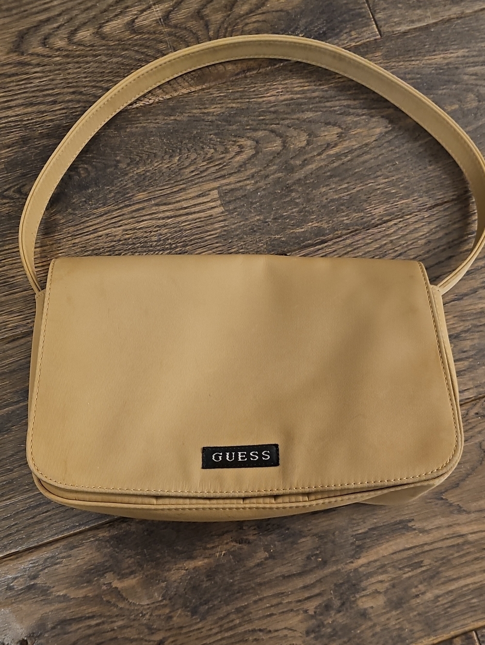 Y2K GUESS Tan Shoulder Bag with Front Logo Plaque